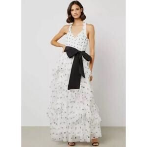 BCBGMaxazria Long Polka Dot Black and White Halter Gown - 2